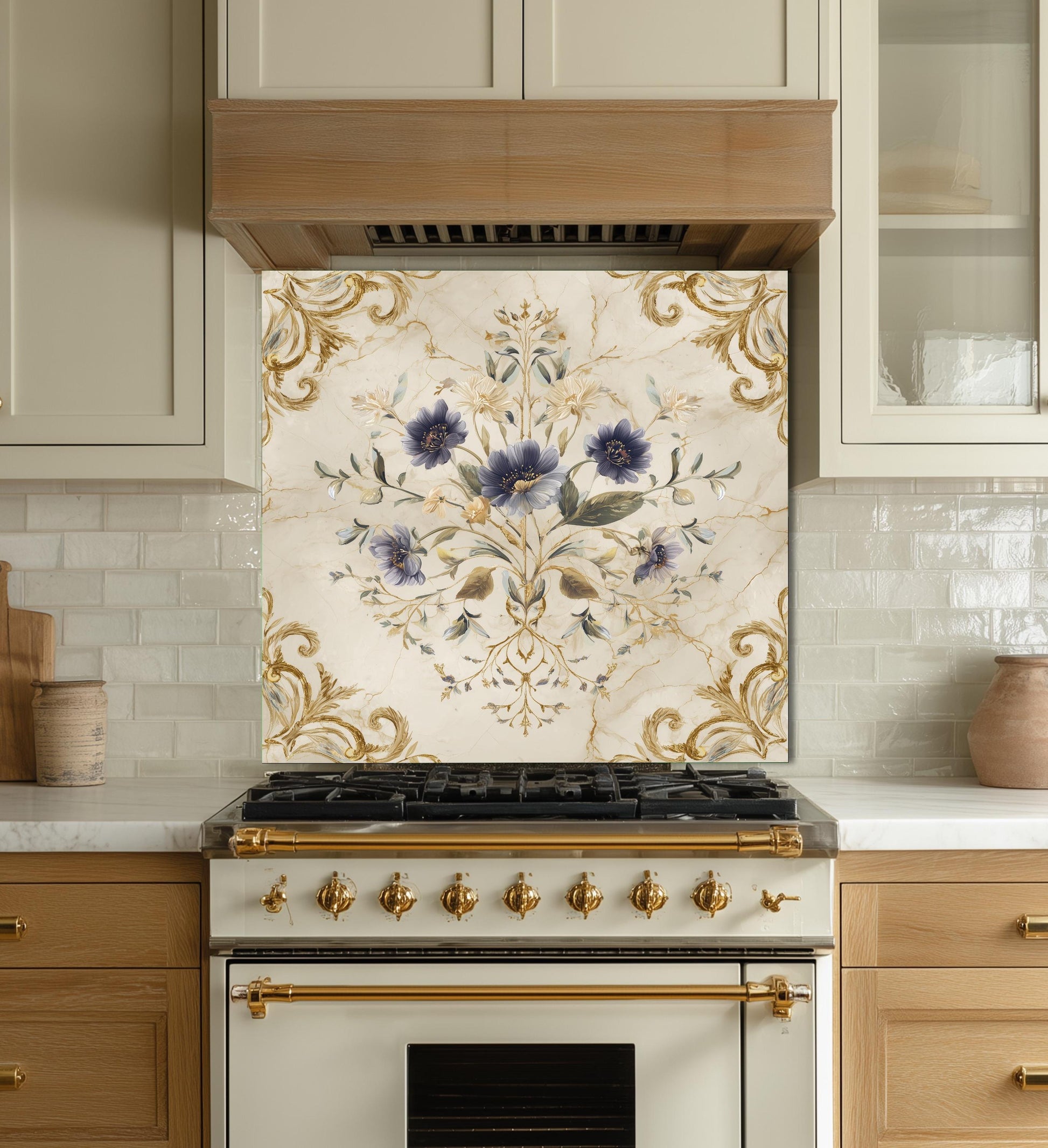 Blue Floral Damask Backsplash, Gold Varak Marble Stove Guard, Custom Size Glass Art