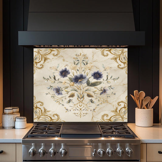 Blue Floral Damask Backsplash, Gold Varak Marble Stove Guard, Custom Size Glass Art