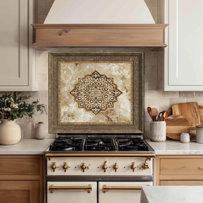 Royal Gold Medallion Backsplash, Brown Marble Stove Guard, Custom Size Glass Art