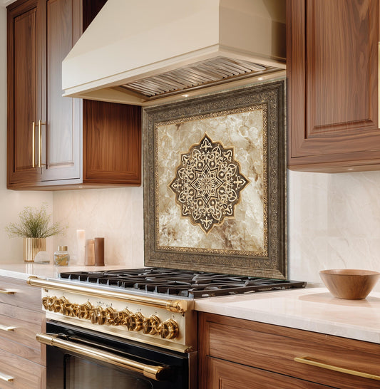 Royal Gold Medallion Backsplash, Brown Marble Stove Guard, Custom Size Glass Art