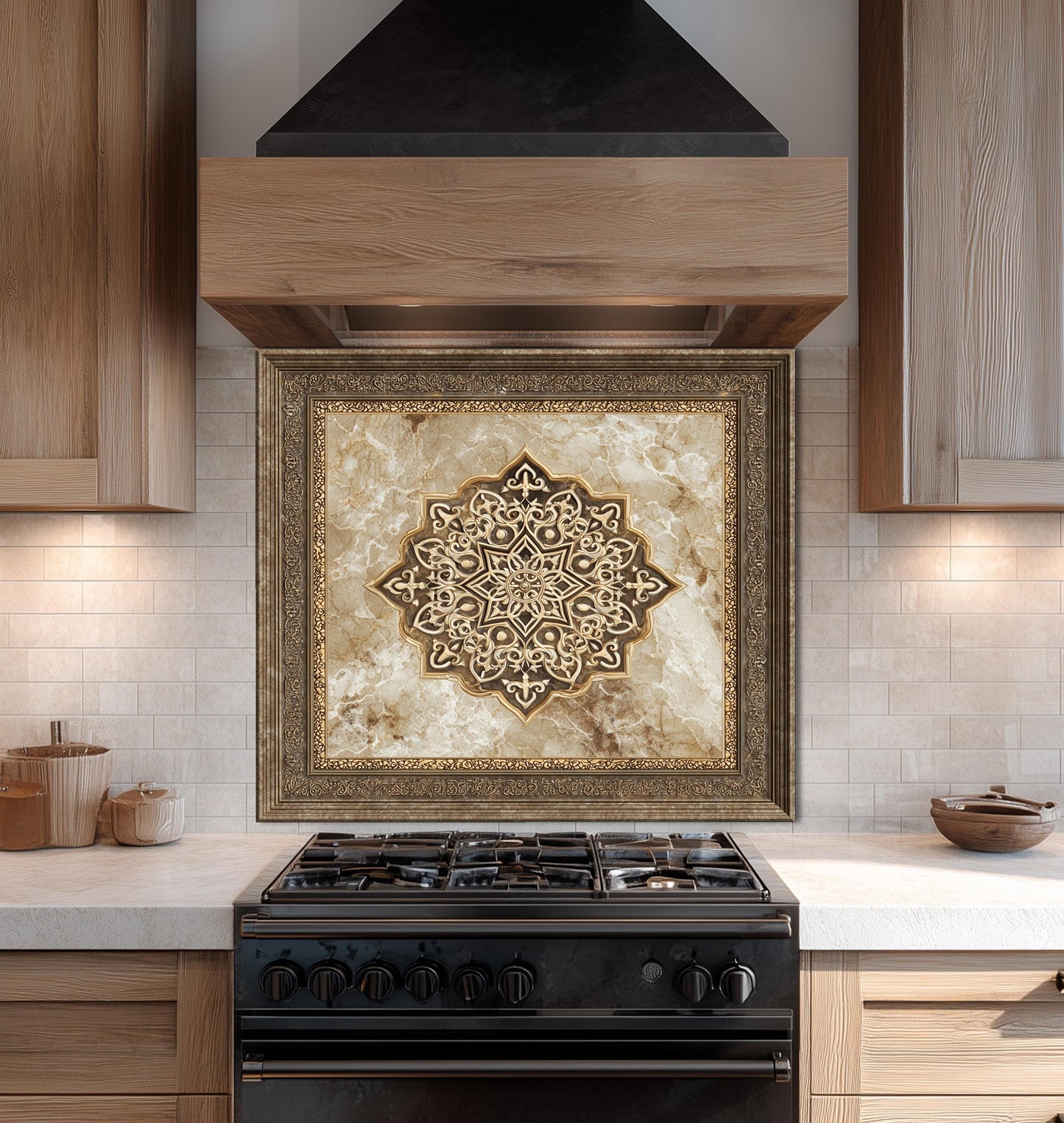 Royal Gold Medallion Backsplash, Brown Marble Stove Guard, Custom Size Glass Art