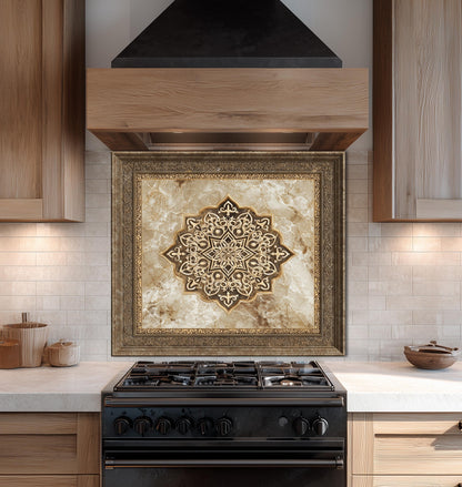 Royal Gold Medallion Backsplash, Brown Marble Stove Guard, Custom Size Glass Art