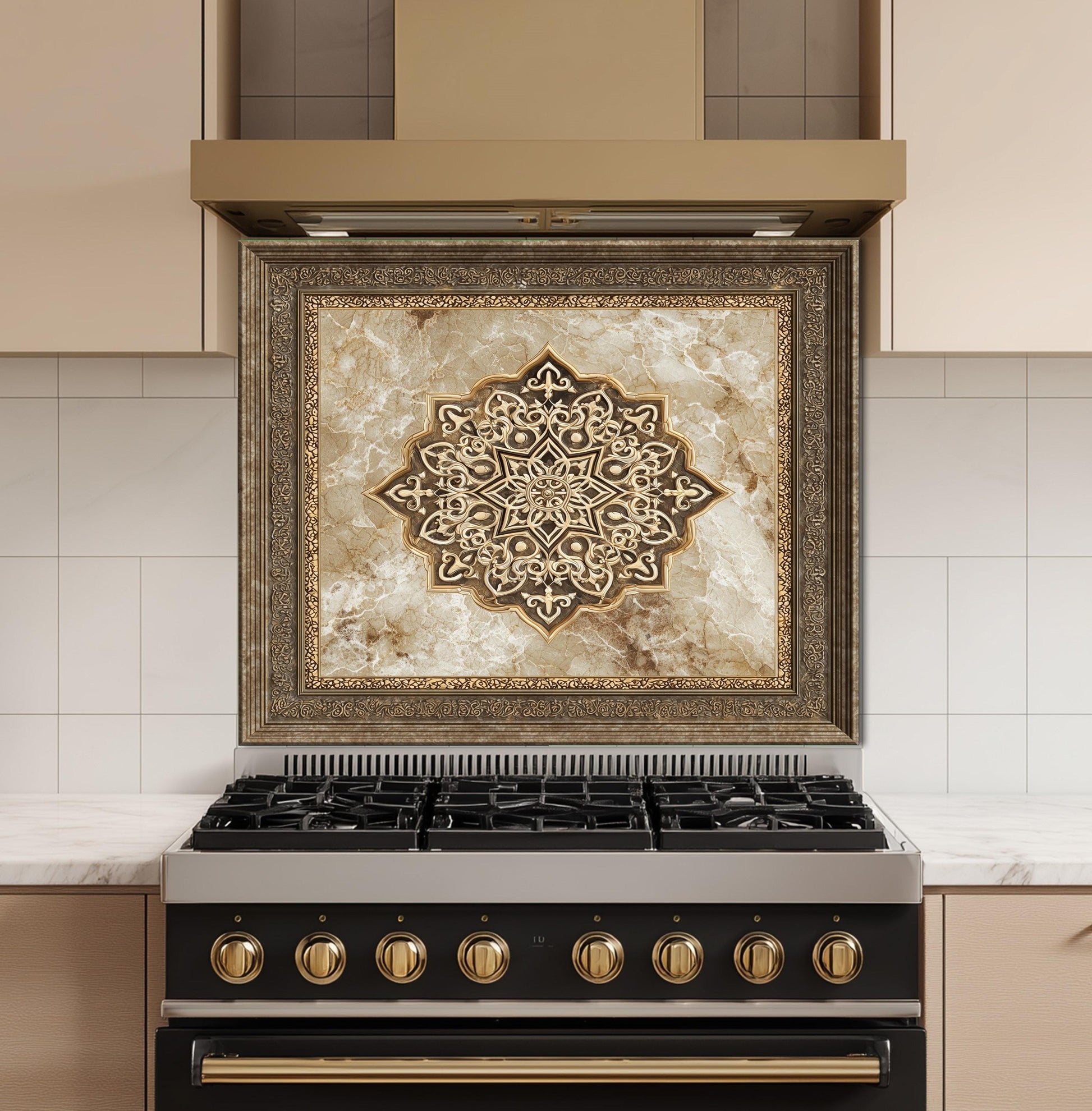 Royal Gold Medallion Backsplash, Brown Marble Stove Guard, Custom Size Glass Art