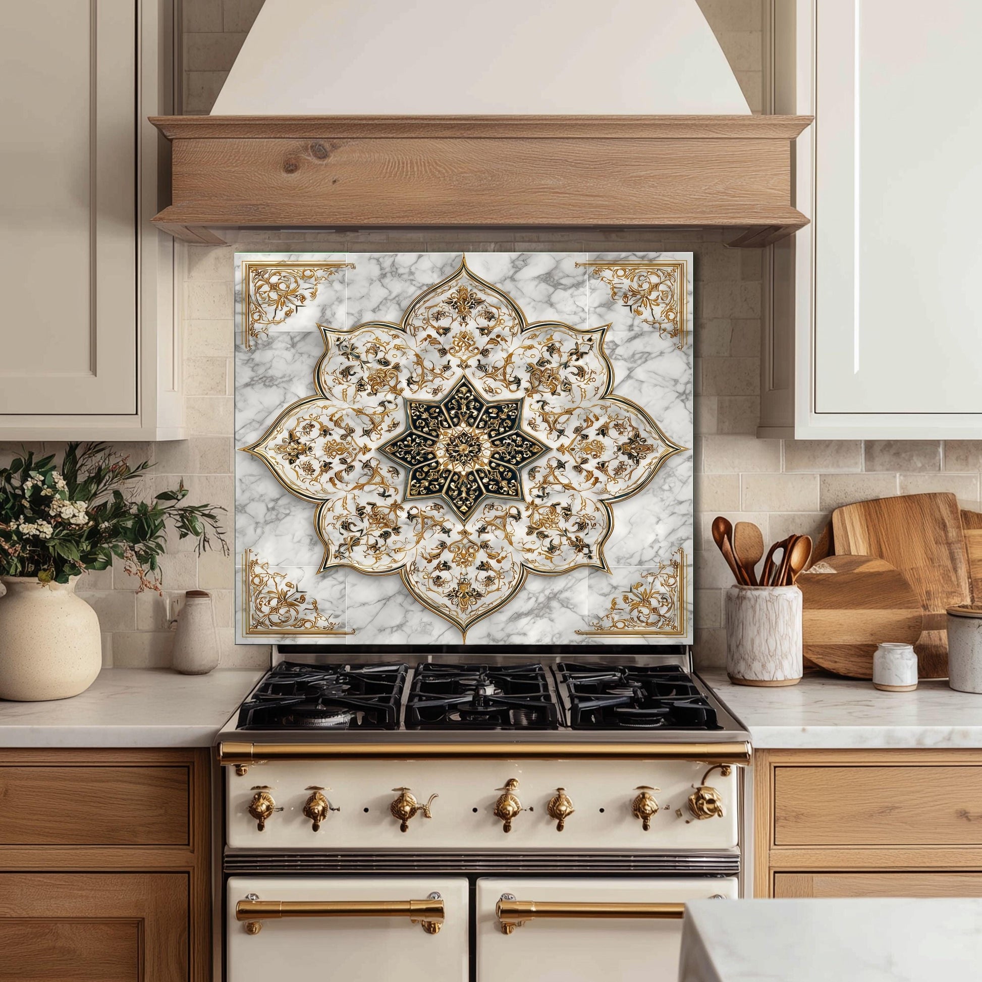 Royal Gold Star Backsplash, White Marble Stove Guard, Custom Size Glass Art