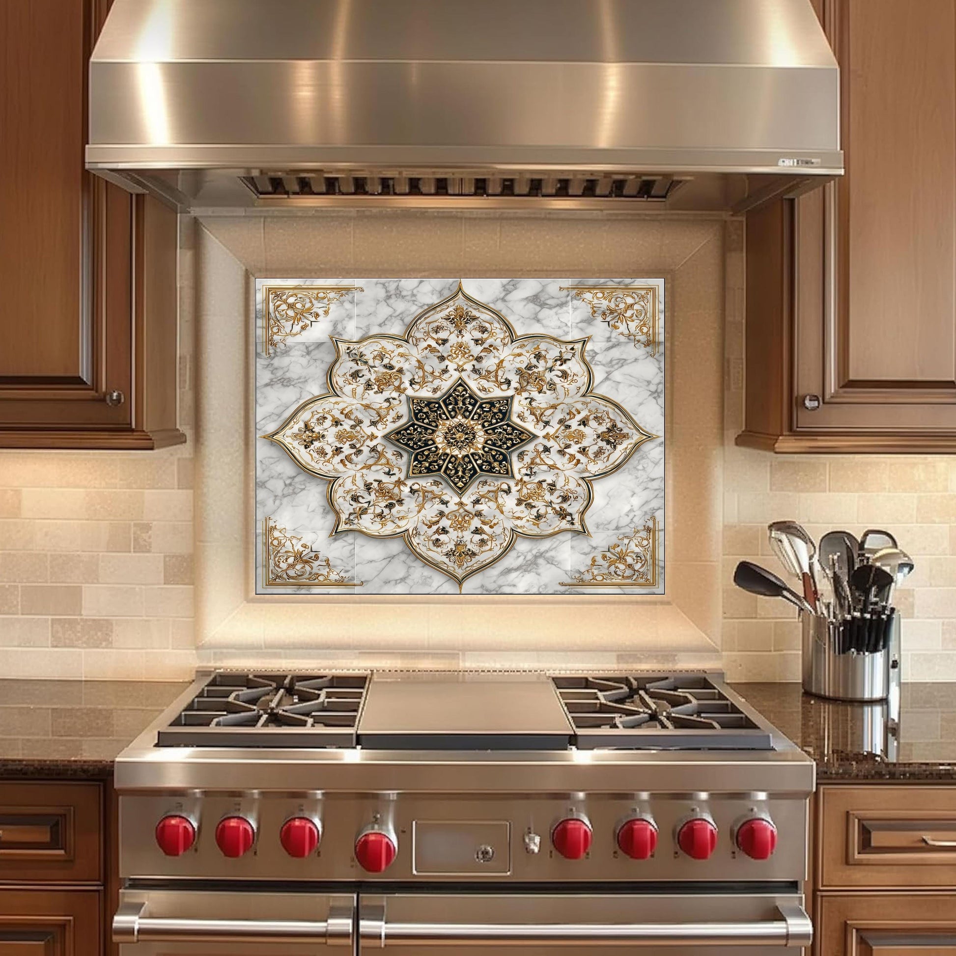 Royal Gold Star Backsplash, White Marble Stove Guard, Custom Size Glass Art