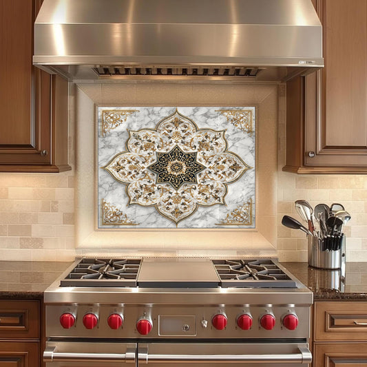 Royal Gold Star Backsplash, White Marble Stove Guard, Custom Size Glass Art