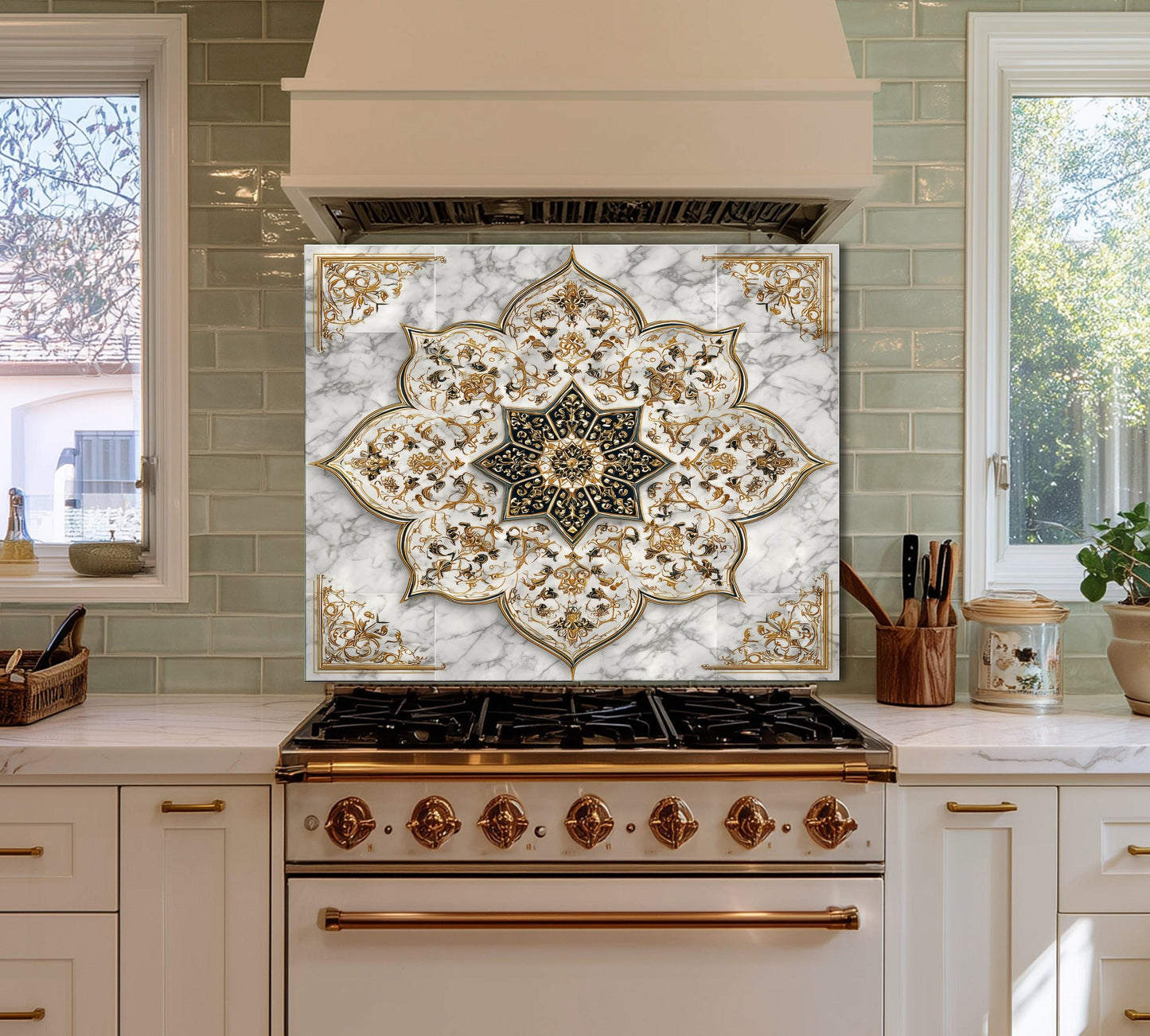 Royal Gold Star Backsplash, White Marble Stove Guard, Custom Size Glass Art
