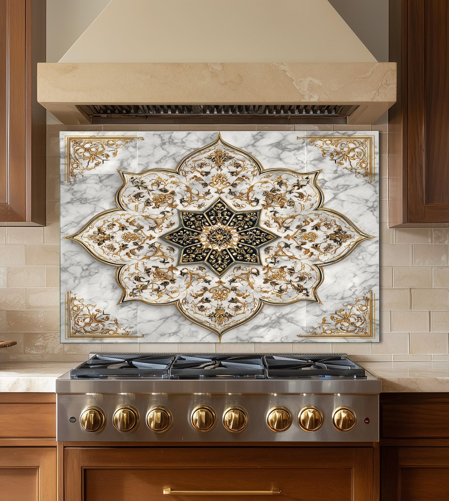 Royal Gold Star Backsplash, White Marble Stove Guard, Custom Size Glass Art