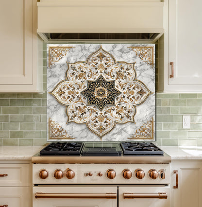 Royal Gold Star Backsplash, White Marble Stove Guard, Custom Size Glass Art