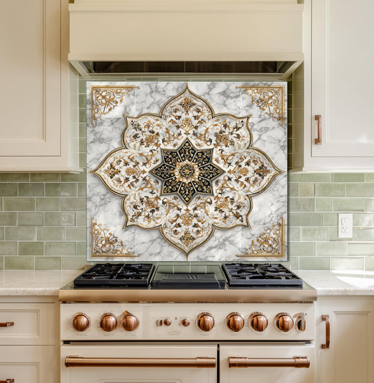 Royal Gold Star Backsplash, White Marble Stove Guard, Custom Size Glass Art
