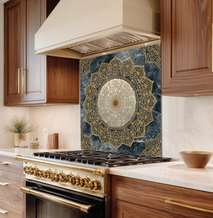 Royal Gold Star Backsplash, White Marble Stove Guard, Custom Size Glass Art