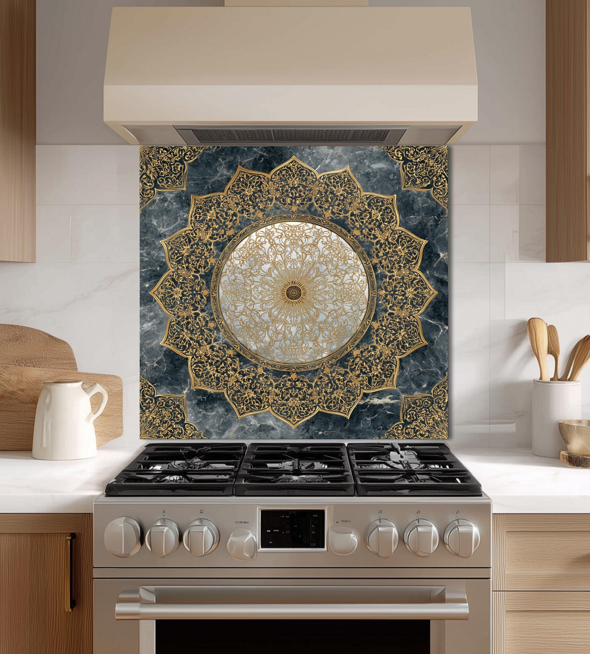 Royal Gold Star Backsplash, White Marble Stove Guard, Custom Size Glass Art