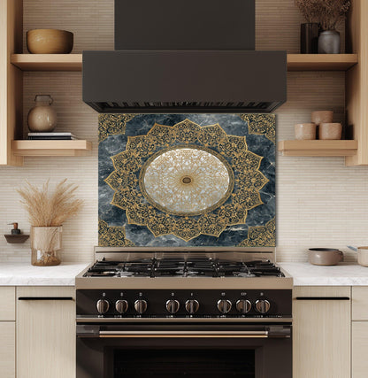 Royal Gold Star Backsplash, White Marble Stove Guard, Custom Size Glass Art