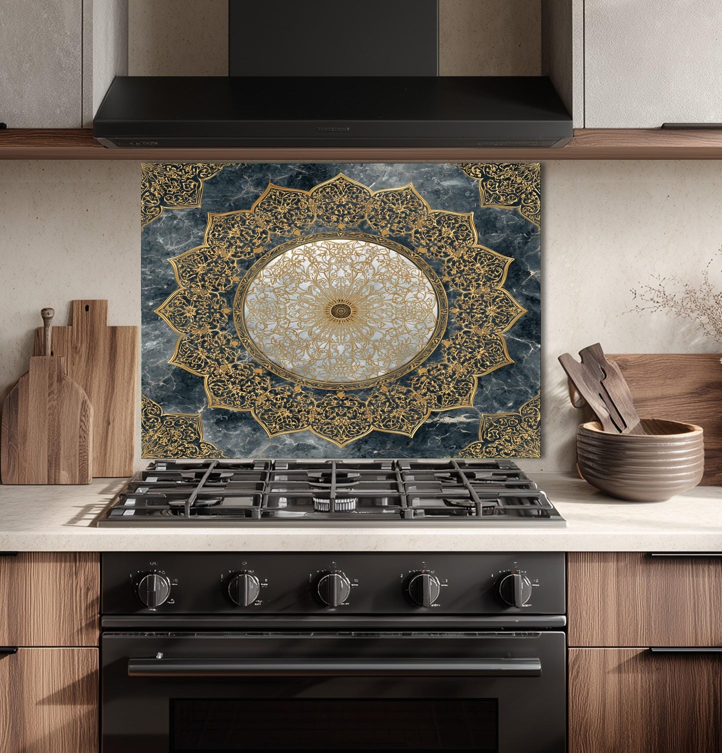 Royal Gold Star Backsplash, White Marble Stove Guard, Custom Size Glass Art