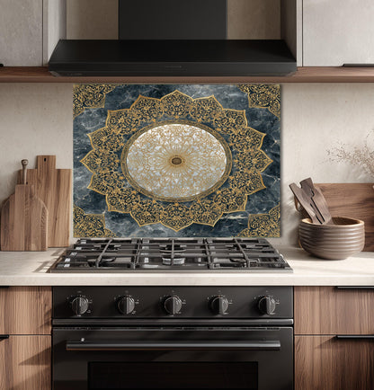 Royal Gold Star Backsplash, White Marble Stove Guard, Custom Size Glass Art