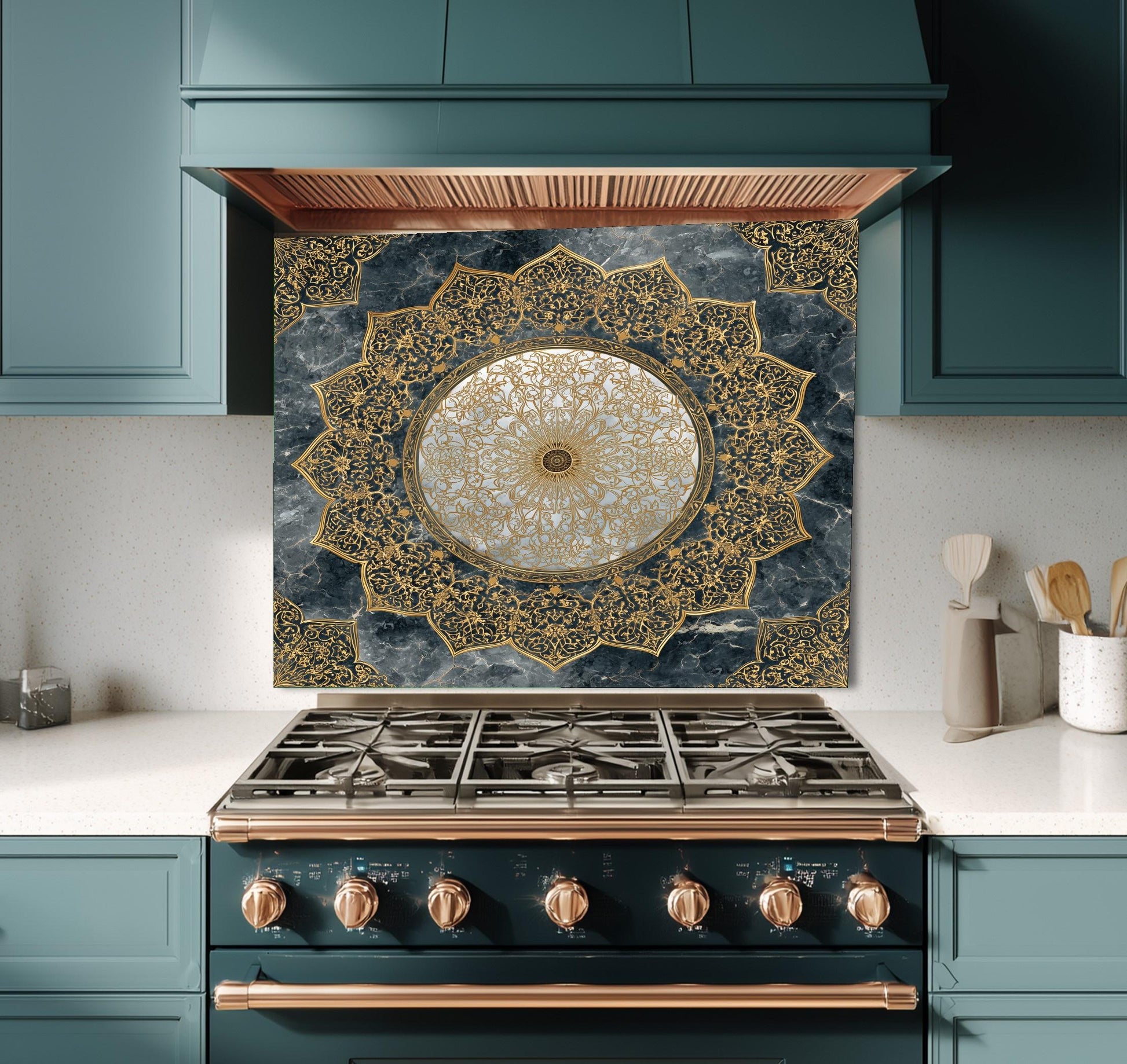 Royal Gold Star Backsplash, White Marble Stove Guard, Custom Size Glass Art