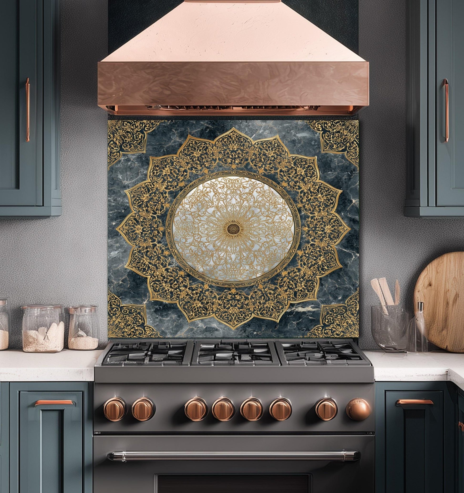 Royal Gold Star Backsplash, White Marble Stove Guard, Custom Size Glass Art