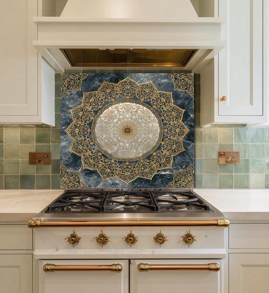Royal Gold Star Backsplash, White Marble Stove Guard, Custom Size Glass Art