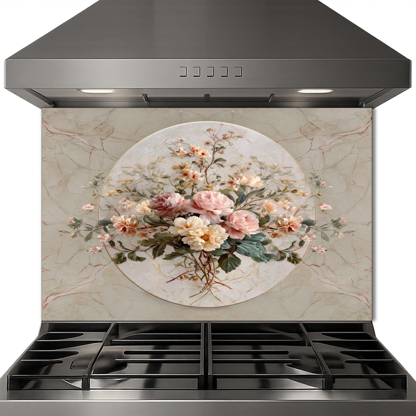 Floral Marble Glass Backsplash, Vintage Bouquet Stove Guard, Heat Resistant Easy Clean Kitchen Art