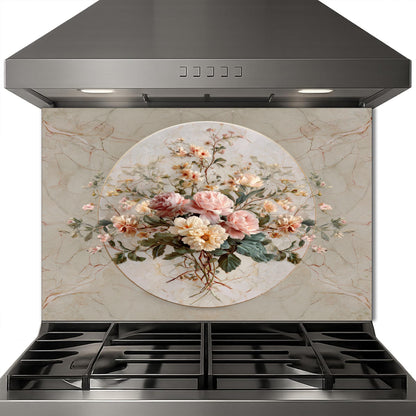 Floral Marble Glass Backsplash, Vintage Bouquet Stove Guard, Heat Resistant Easy Clean Kitchen Art