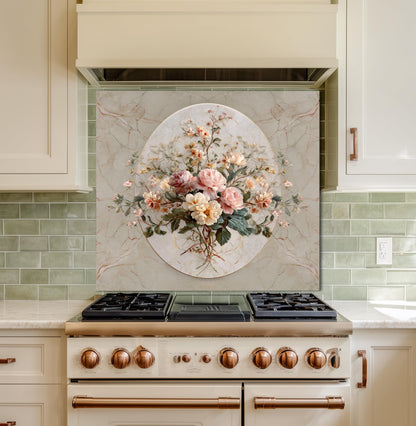 Floral Marble Glass Backsplash, Vintage Bouquet Stove Guard, Heat Resistant Easy Clean Kitchen Art
