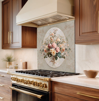 Floral Marble Glass Backsplash, Vintage Bouquet Stove Guard, Heat Resistant Easy Clean Kitchen Art
