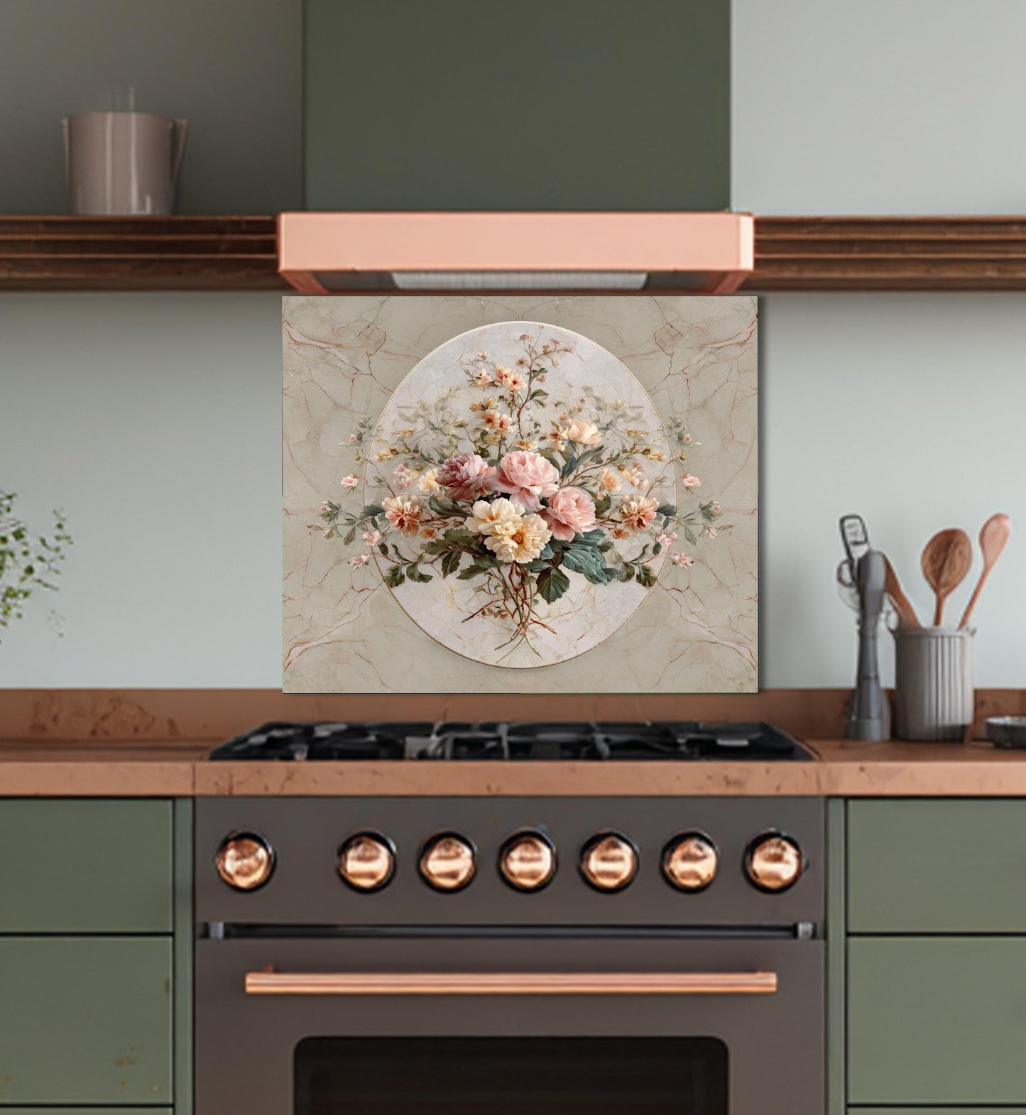 Floral Marble Glass Backsplash, Vintage Bouquet Stove Guard, Heat Resistant Easy Clean Kitchen Art