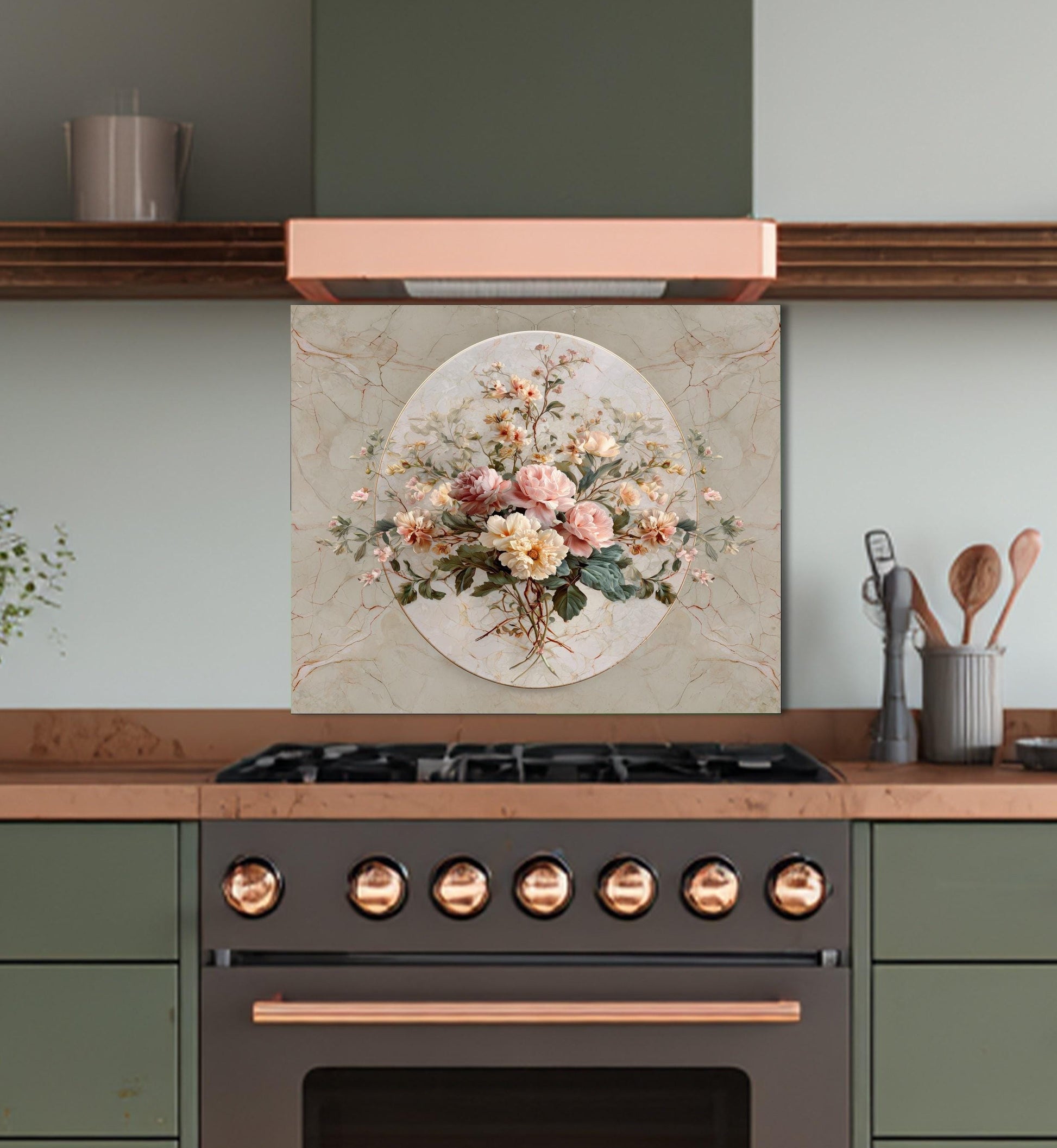 Floral Marble Glass Backsplash, Vintage Bouquet Stove Guard, Heat Resistant Easy Clean Kitchen Art