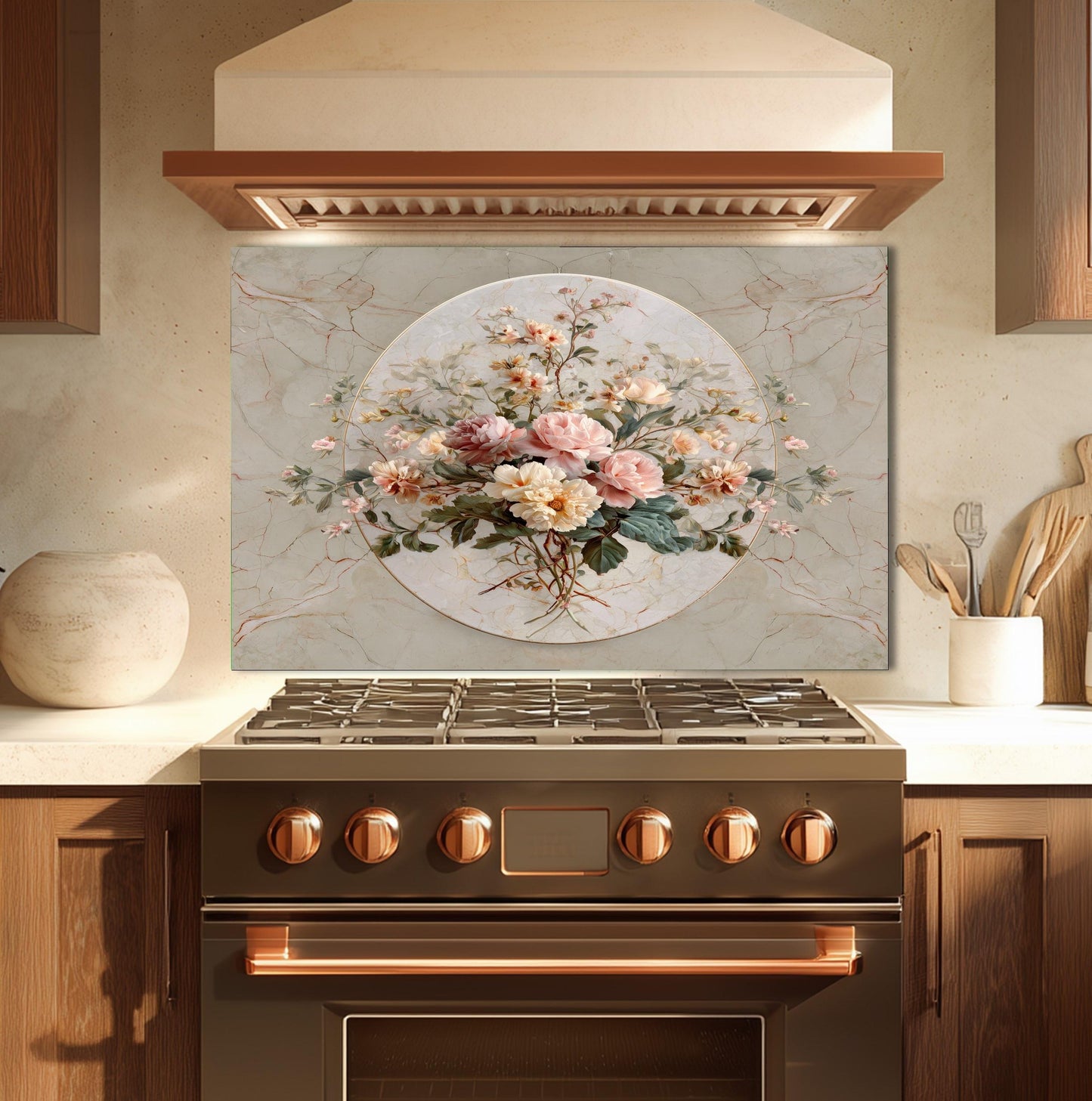 Floral Marble Glass Backsplash, Vintage Bouquet Stove Guard, Heat Resistant Easy Clean Kitchen Art