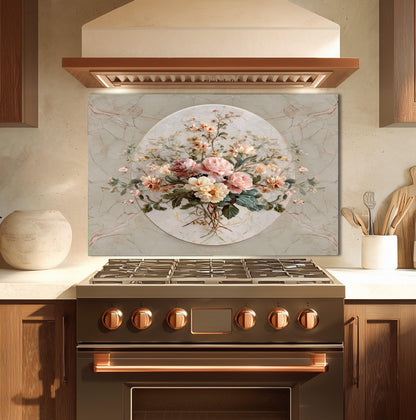 Floral Marble Glass Backsplash, Vintage Bouquet Stove Guard, Heat Resistant Easy Clean Kitchen Art