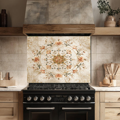 Floral Bouquet Marble Glass Backsplash, Vintage Rose Medallion Stove Guard, Heat Resistant Wall Art