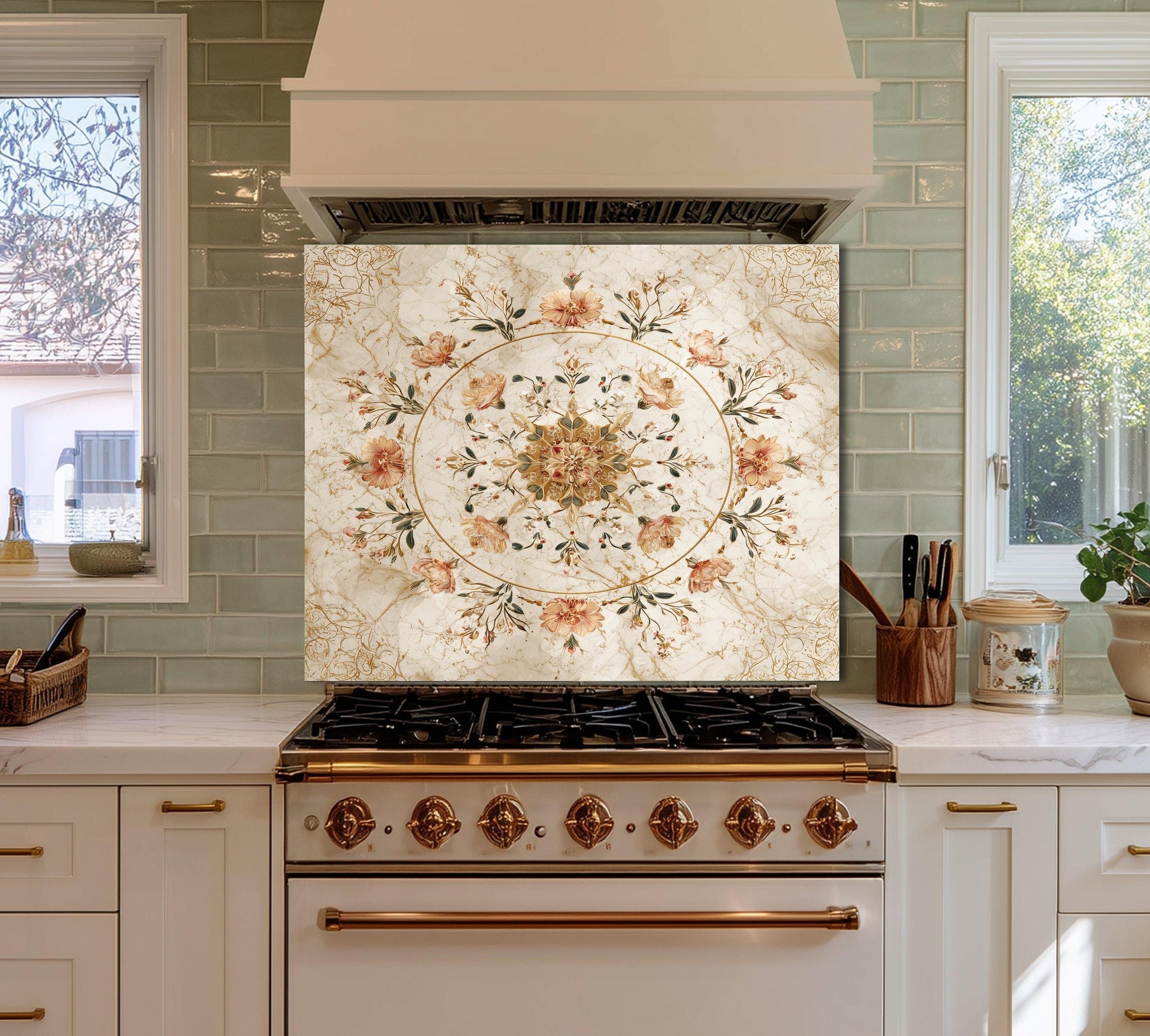 Floral Bouquet Marble Glass Backsplash, Vintage Rose Medallion Stove Guard, Heat Resistant Wall Art
