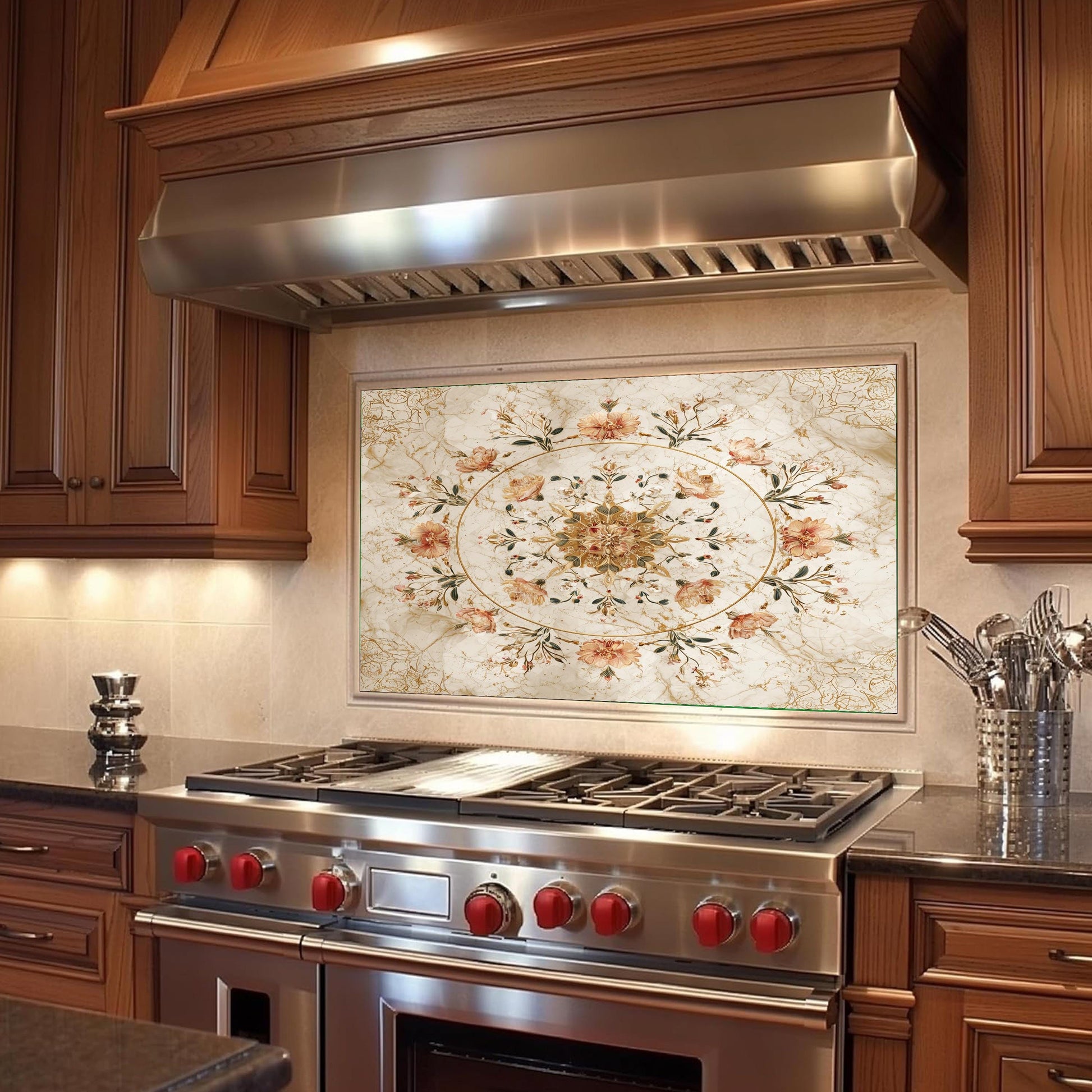 Floral Bouquet Marble Glass Backsplash, Vintage Rose Medallion Stove Guard, Heat Resistant Wall Art