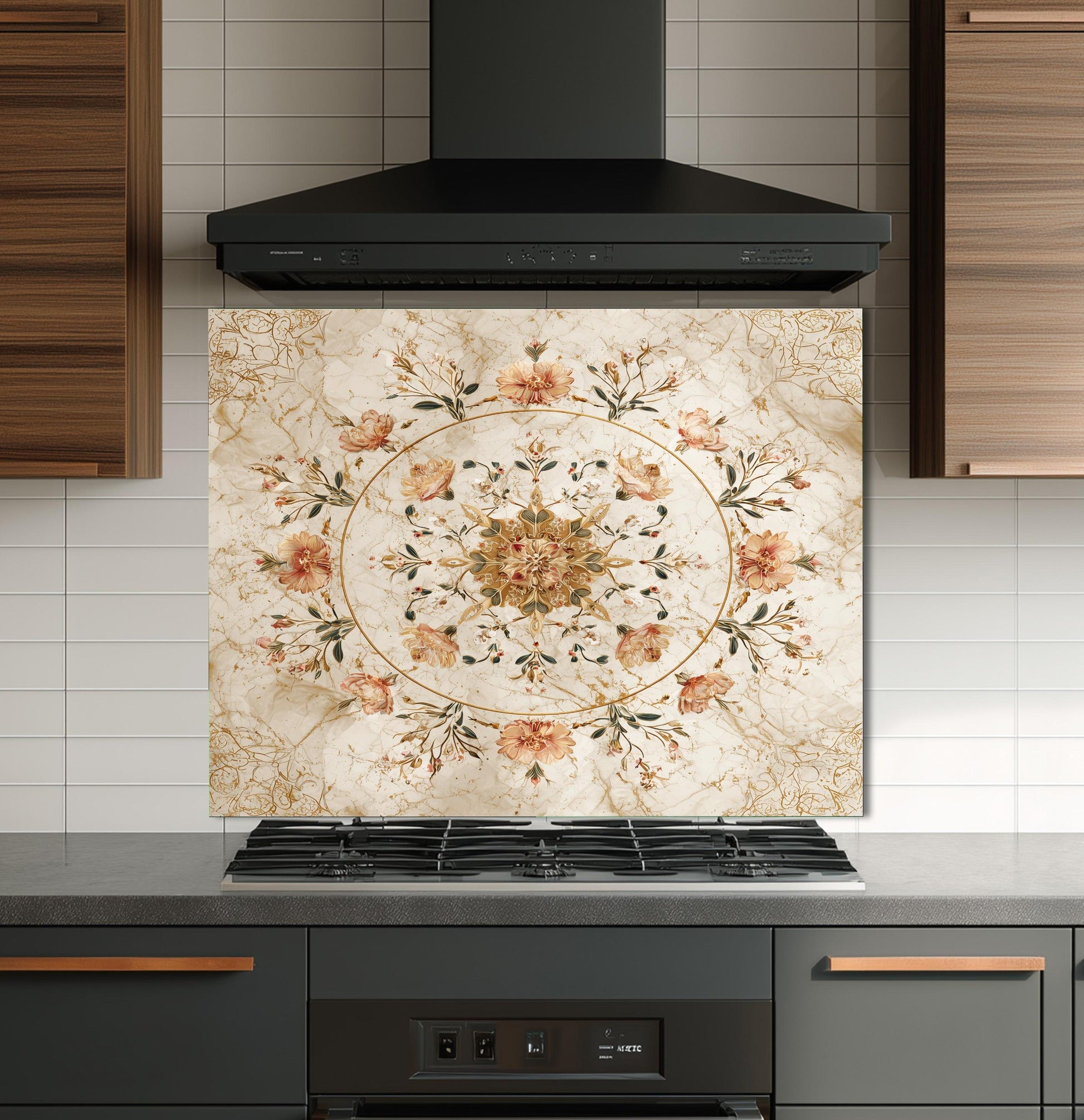 Floral Bouquet Marble Glass Backsplash, Vintage Rose Medallion Stove Guard, Heat Resistant Wall Art