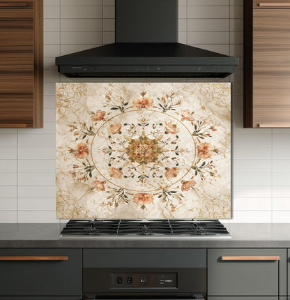 Floral Bouquet Marble Glass Backsplash, Vintage Rose Medallion Stove Guard, Heat Resistant Wall Art