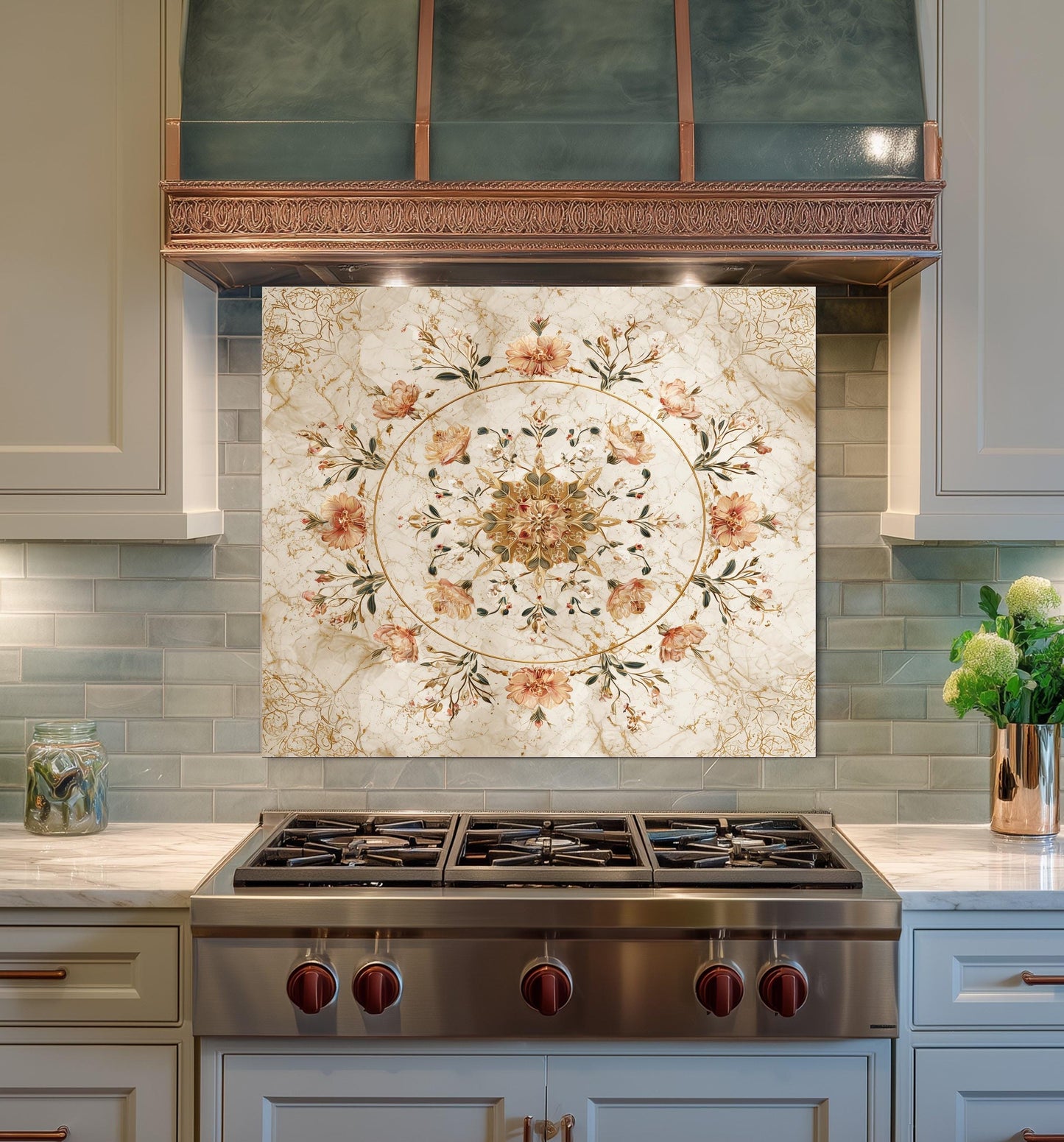 Floral Bouquet Marble Glass Backsplash, Vintage Rose Medallion Stove Guard, Heat Resistant Wall Art