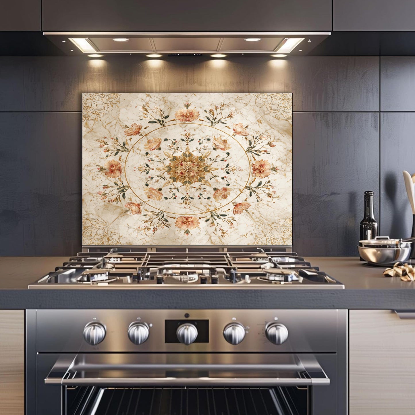 Floral Bouquet Marble Glass Backsplash, Vintage Rose Medallion Stove Guard, Heat Resistant Wall Art