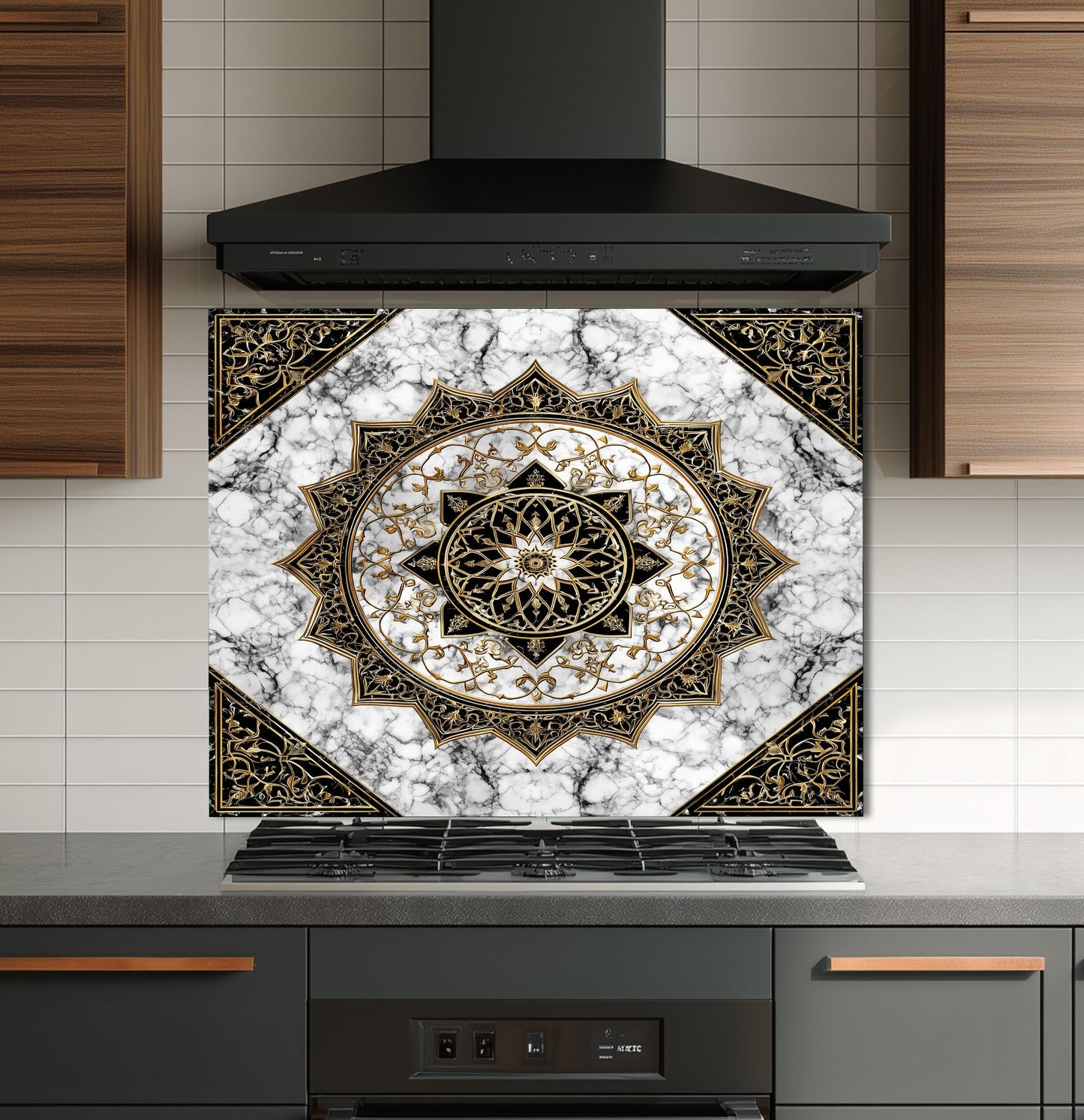 Black Gold Mandala Glass Backsplash, Marble Filigree Stove Guard, Heat Resistant Easy Clean Art