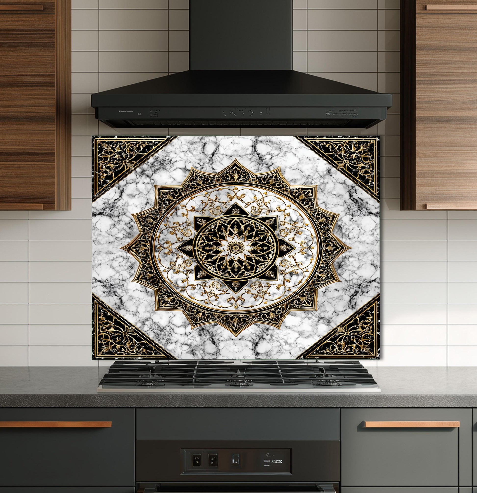 Black Gold Mandala Glass Backsplash, Marble Filigree Stove Guard, Heat Resistant Easy Clean Art
