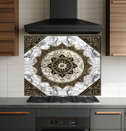 Black Gold Mandala Glass Backsplash, Marble Filigree Stove Guard, Heat Resistant Easy Clean Art