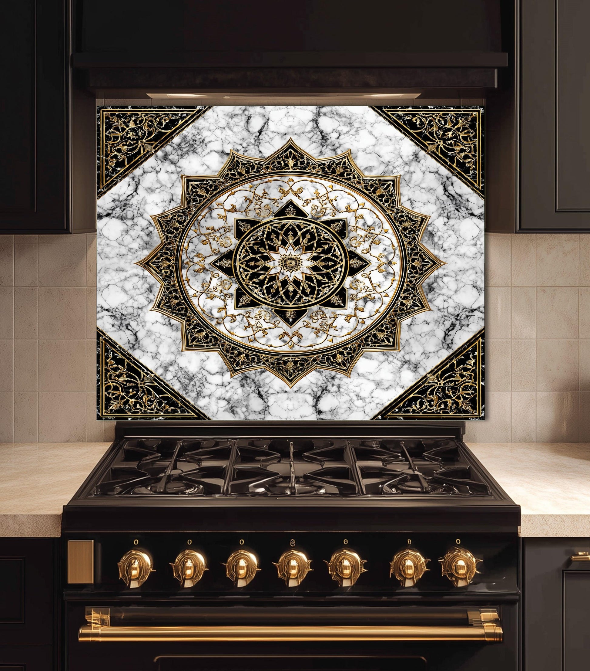 Black Gold Mandala Glass Backsplash, Marble Filigree Stove Guard, Heat Resistant Easy Clean Art