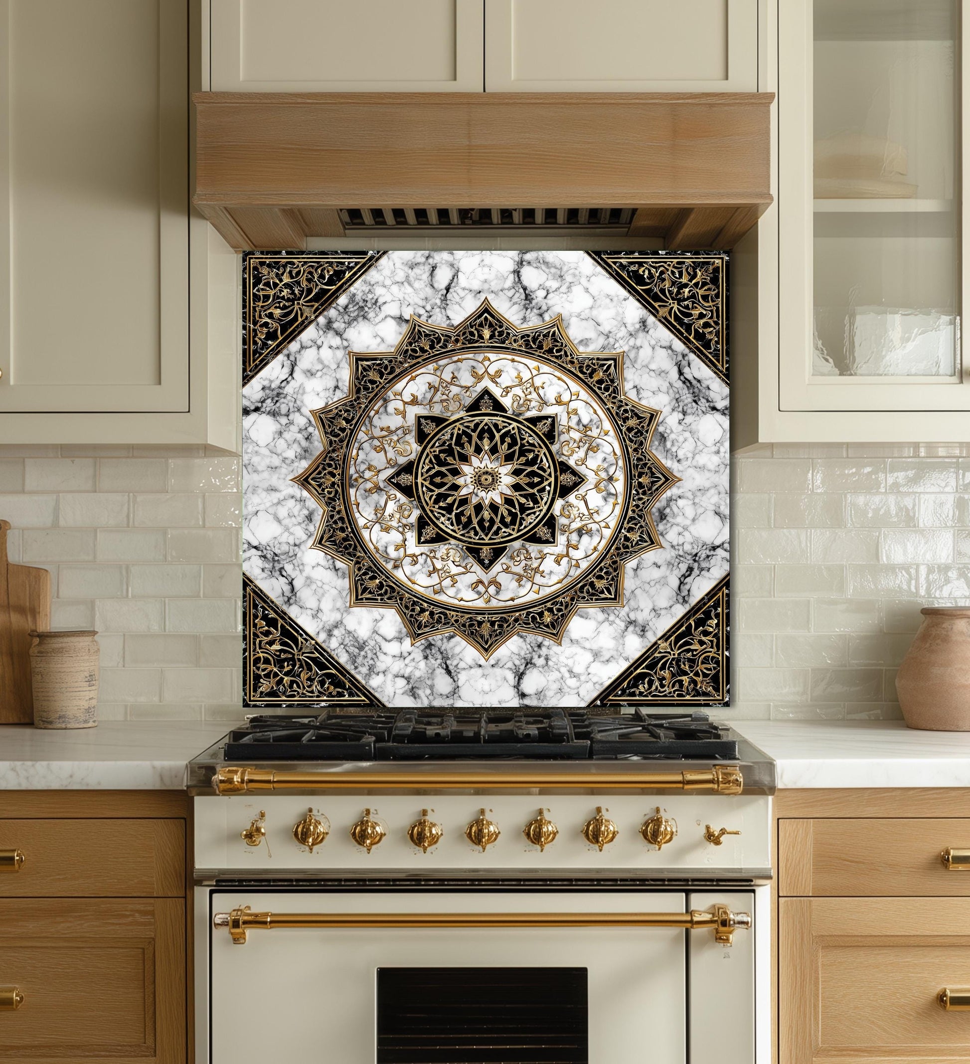 Black Gold Mandala Glass Backsplash, Marble Filigree Stove Guard, Heat Resistant Easy Clean Art