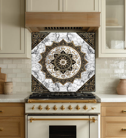 Black Gold Mandala Glass Backsplash, Marble Filigree Stove Guard, Heat Resistant Easy Clean Art