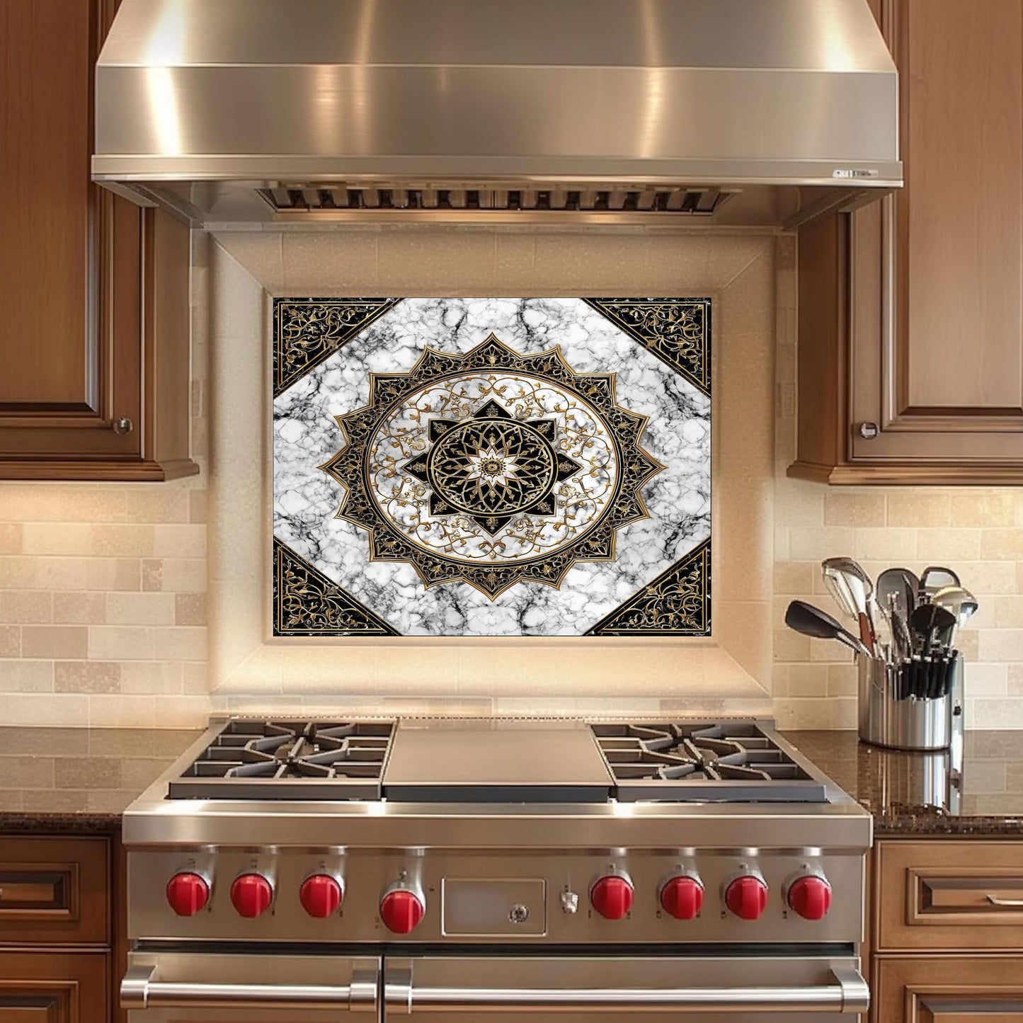 Black Gold Mandala Glass Backsplash, Marble Filigree Stove Guard, Heat Resistant Easy Clean Art