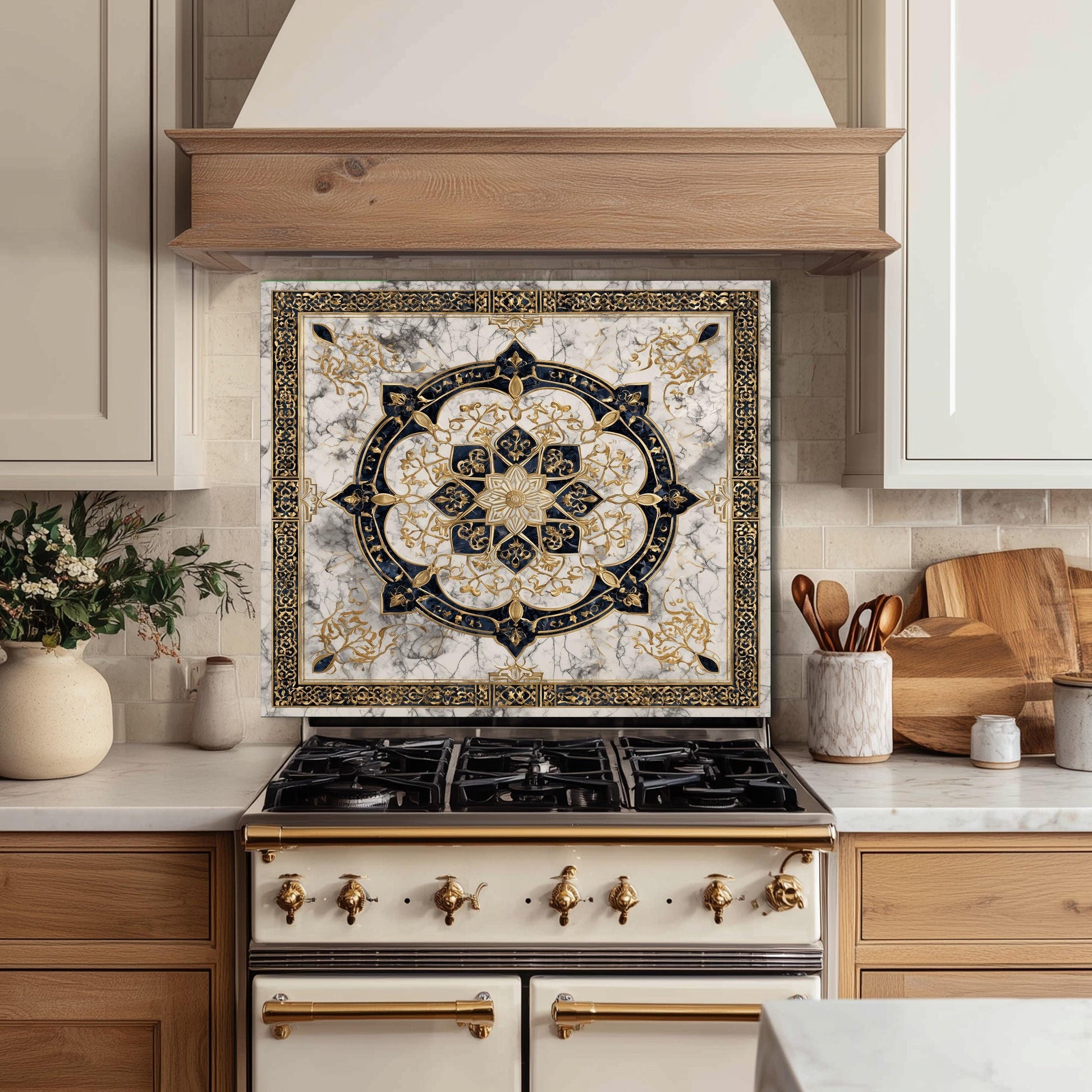 Golden Ornamental Medallion Glass Backsplash, Navy Filigree Stove Guard, Heat Resistant Marble Art