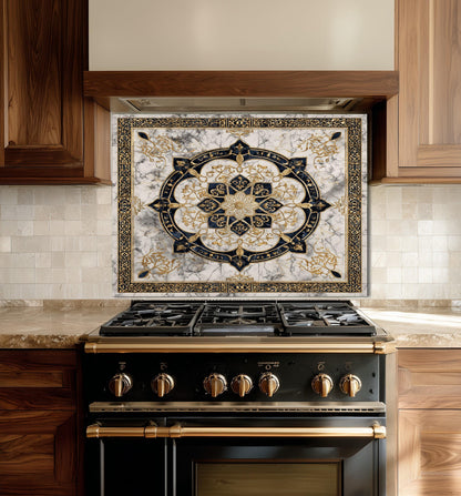 Golden Ornamental Medallion Glass Backsplash, Navy Filigree Stove Guard, Heat Resistant Marble Art