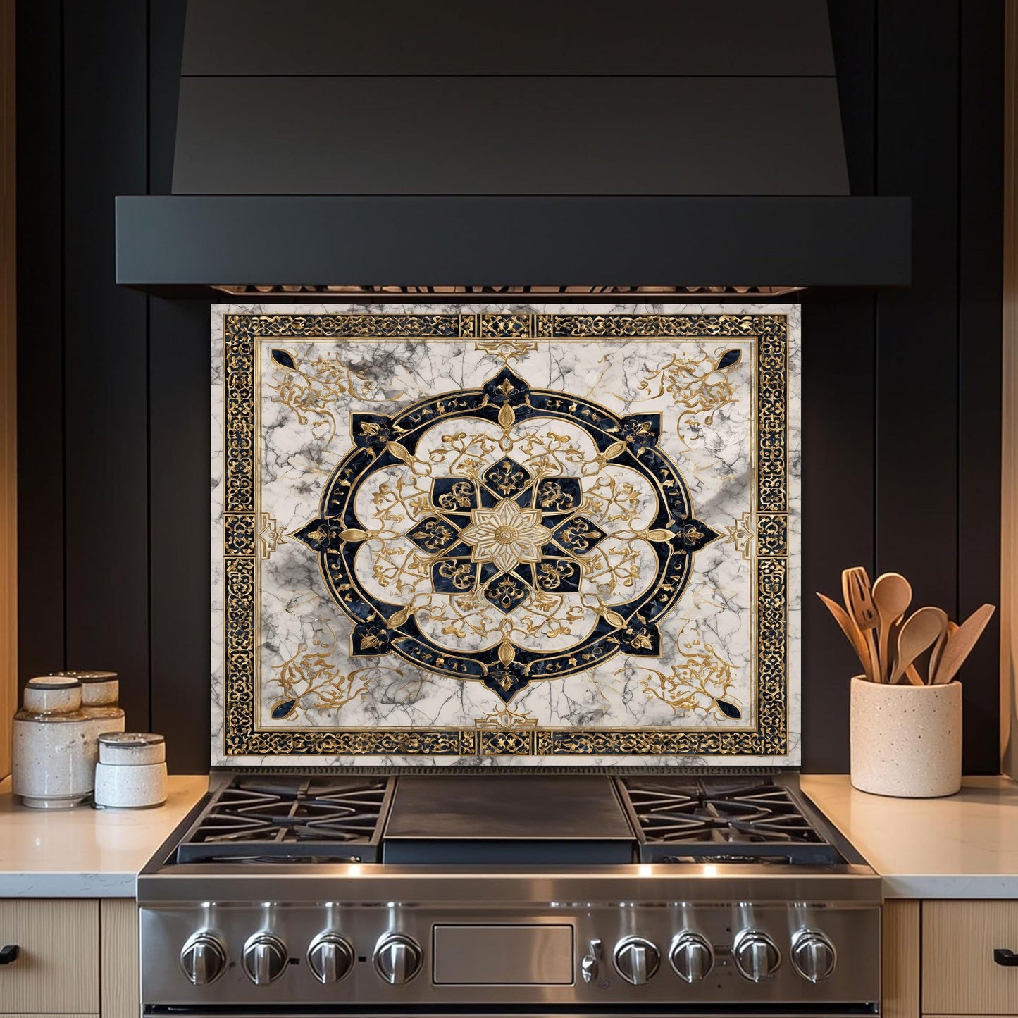 Golden Ornamental Medallion Glass Backsplash, Navy Filigree Stove Guard, Heat Resistant Marble Art
