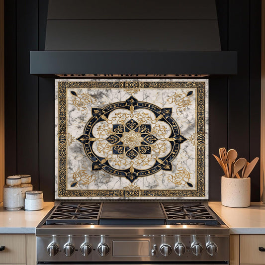 Golden Ornamental Medallion Glass Backsplash, Navy Filigree Stove Guard, Heat Resistant Marble Art
