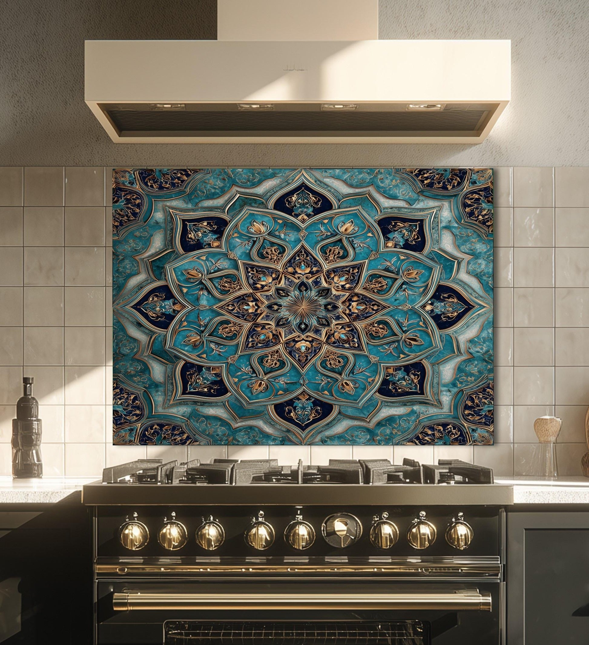 Golden Ornamental Medallion Glass Backsplash, Navy Filigree Stove Guard, Heat Resistant Marble Art