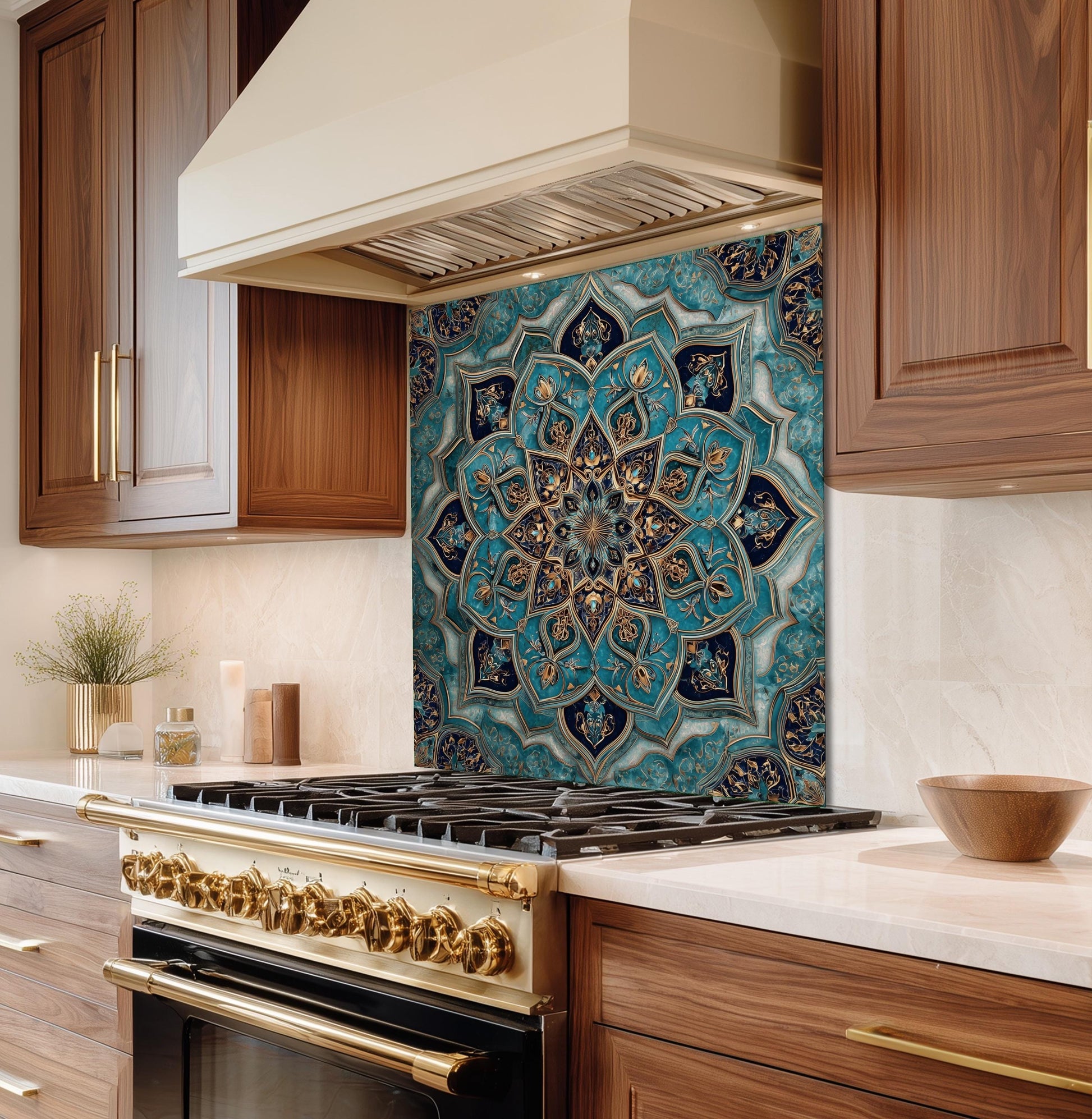 Golden Ornamental Medallion Glass Backsplash, Navy Filigree Stove Guard, Heat Resistant Marble Art